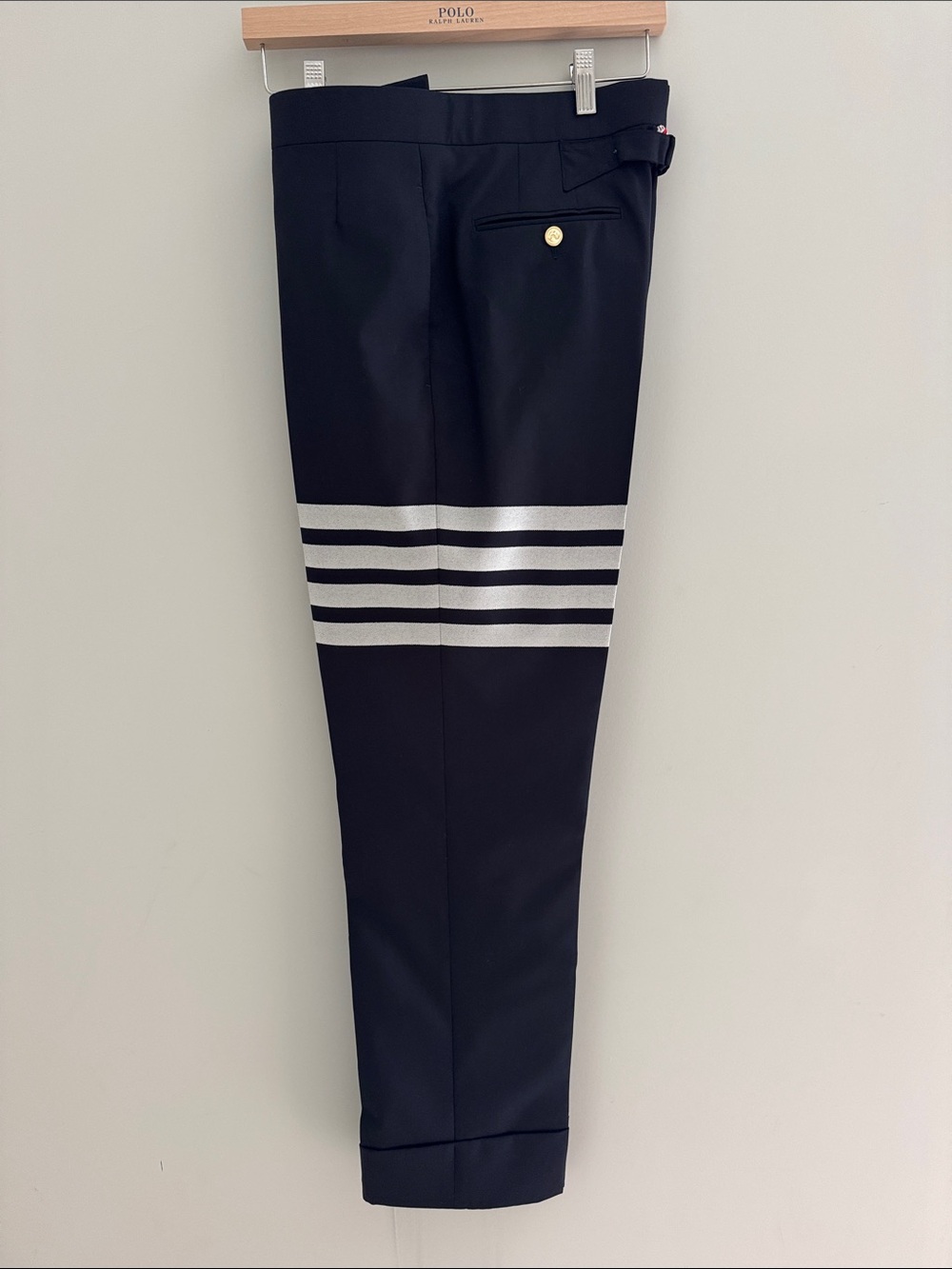 Classic Backstrap Navy Men’s 4Bar Trousers with gold buttons size 1
